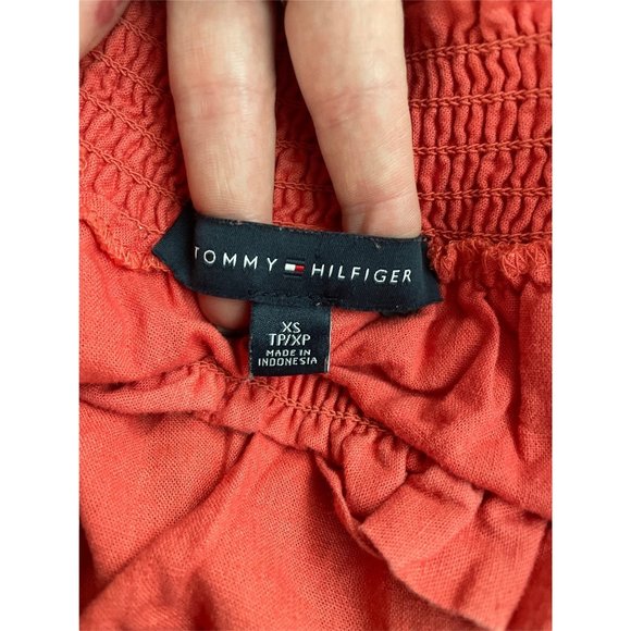 Tommy Hilfiger Off Shoulder Crop Extra Small  Burnt Orange Solid Linen Blouse - Picture 4 of 4